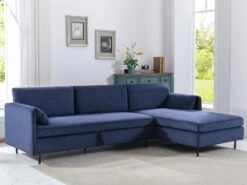 Canapé D'angle Droit Convertible En Velours Côtelé Bleu Foncé ALEXANDRA