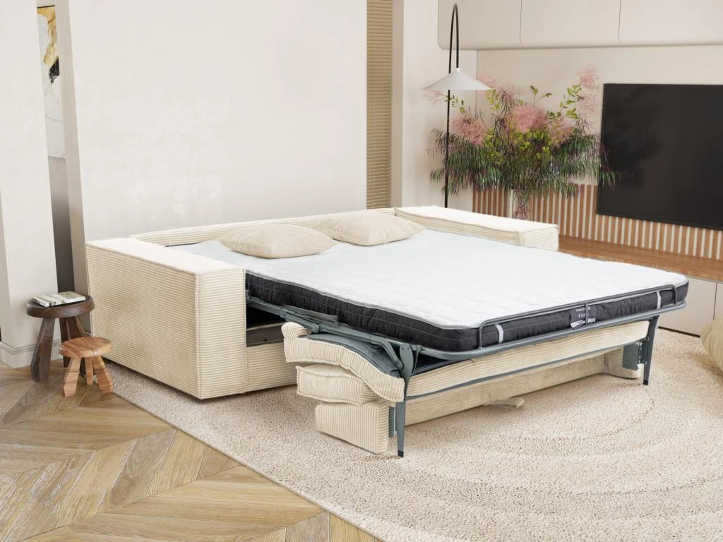Canapé 4 Places Convertible Express En Velours Côtelé Beige AMELIA -Couchage 160 Cm - Matelas 14 Cm Avec Mémoire De Forme DUNLOPILLO 7 Canapé 4 Places Convertible Express En Velours Côtelé Beige AMELIA -Couchage 160 Cm - Matelas 14 Cm Avec Mémoire De Forme DUNLOPILLO – Image 7