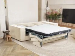 Canapé 3 Places Convertible Express En Velours Côtelé Beige AMELIA - Couchage 140 Cm - Matelas 14 Cm Avec Mémoire De Forme DUNLOPILLO -Deco.fr Soldes Boutique canape 14290265