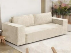 Canapé 3 Places Convertible Express En Velours Côtelé Beige AMELIA - Couchage 140 Cm - Matelas 14 Cm Avec Mémoire De Forme DUNLOPILLO -Deco.fr Soldes Boutique canape 14290277