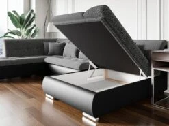 Canapé D'angle Gauche Panoramique Convertible En Tissu Texturé Et Simili Gris Et Noir SONDRIO -Deco.fr Soldes Boutique canape 14290857