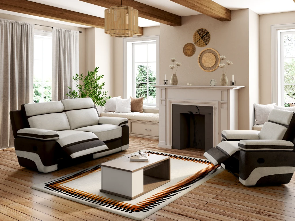 Canapé 3 Places Relax En Microfibre Gris Clair Et Bandes Marrons TALCA 1 Canapé 3 Places Relax En Microfibre Gris Clair Et Bandes Marrons TALCA