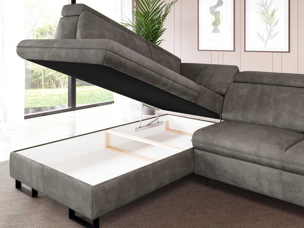 Canapé D'angle Gauche Convertible En Velours Gris DIMARO 7 Canapé D'angle Gauche Convertible En Velours Gris DIMARO – Image 7