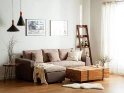 Canapé Angle Droite Convertible 3 Places En Tissu Beige Et Marron TAMPERE