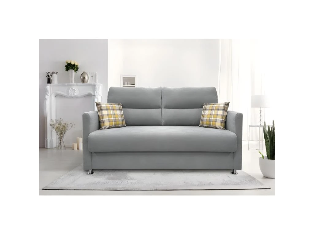 ATOME Canapé Convertible 3 Places Gris Et Coussins à Motifs Matelas Dunlopillo 140cm 2 ATOME Canapé Convertible 3 Places Gris Et Coussins à Motifs Matelas Dunlopillo 140cm – Image 2