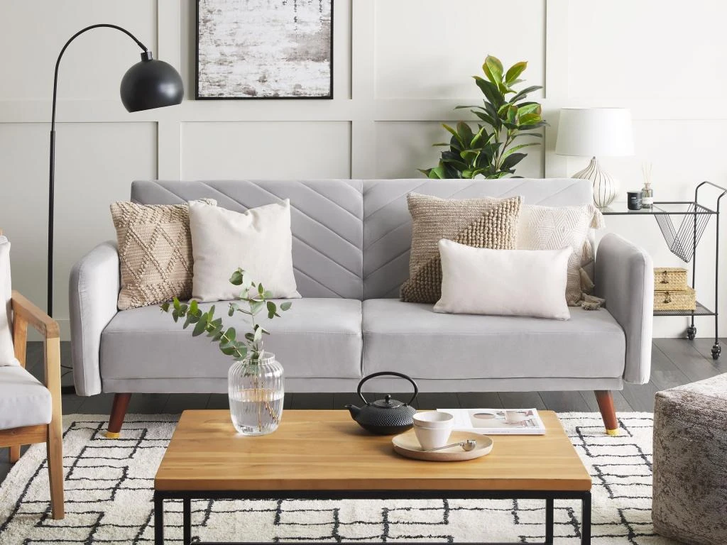 Canapé Convertible 3 Places En Velours Gris Clair SENJA 2 Canapé Convertible 3 Places En Velours Gris Clair SENJA – Image 2
