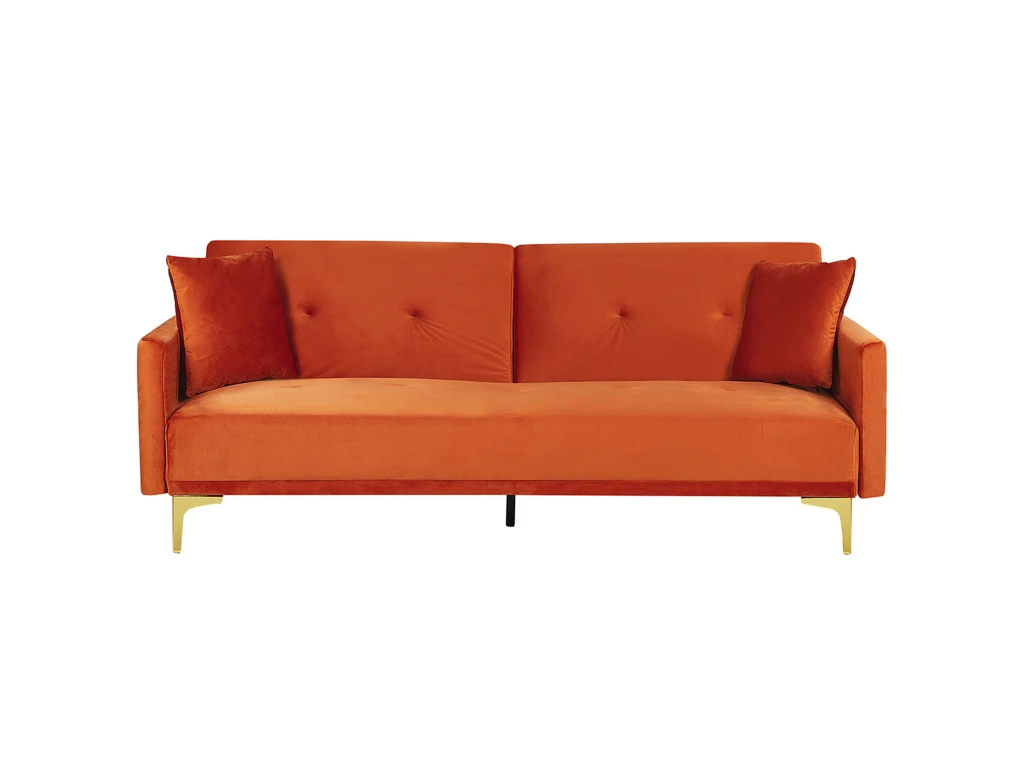 Canapé Convertible 3 Places En Velours Orange LUCAN 1 Canapé Convertible 3 Places En Velours Orange LUCAN