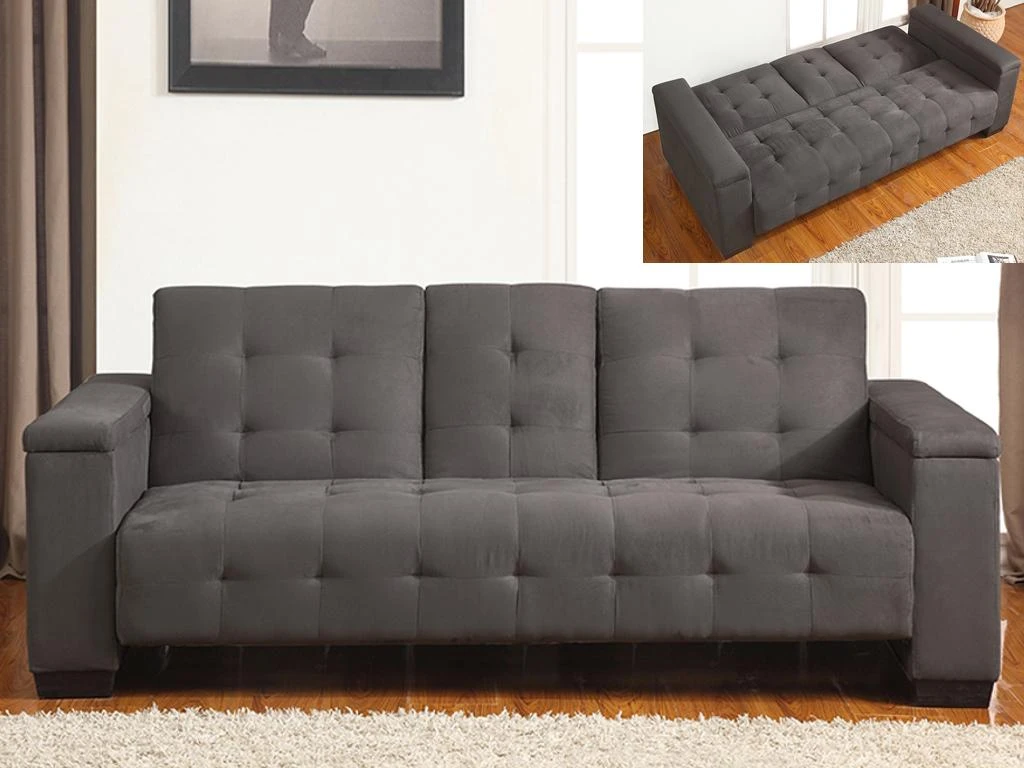 Canapé 3 Places Clic-clac En Microfibre DEVONSHIRE Avec Tablette Centrale Rabattable - Gris 2 Canapé 3 Places Clic-clac En Microfibre DEVONSHIRE Avec Tablette Centrale Rabattable - Gris – Image 2