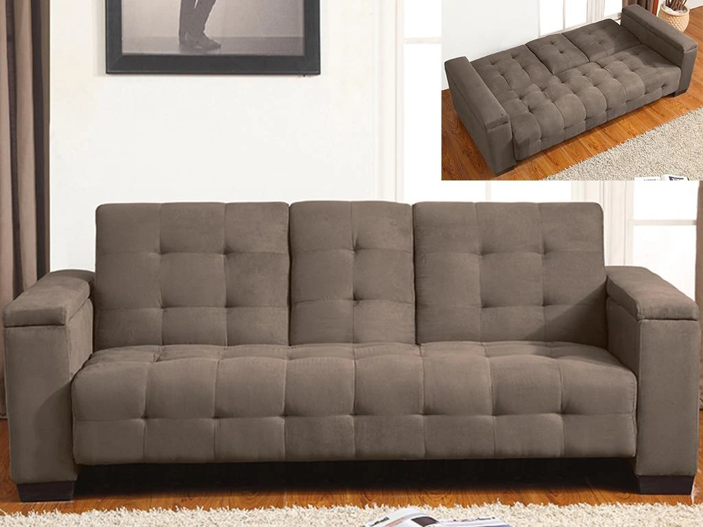 Canapé 3 Places Clic-clac En Microfibre DEVONSHIRE Avec Tablette Centrale Rabattable - Marron 2 Canapé 3 Places Clic-clac En Microfibre DEVONSHIRE Avec Tablette Centrale Rabattable - Marron – Image 2