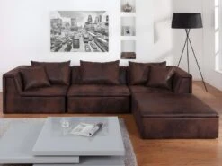 Canapé Modulable En Microfibre Aspect Cuir Vieilli DALLAS - Marron -Deco.fr Soldes Boutique canape 180895
