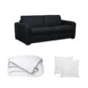 Ensemble Canapé 3 Places Convertible Express En Cuir BEVIS Noir Avec Couette 220 X 240 Et 2 Oreillers -Deco.fr Soldes Boutique canape 18442959