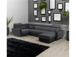 Canapé Panoramique Convertible EMPERO U En Tissu Et Simili Gris Et Noir