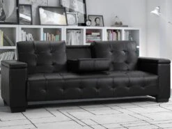 Canapé 3 Places Clic-clac En Simili DEVONSHIRE Avec Tablette Centrale Rabattable - Noir -Deco.fr Soldes Boutique canape 191362