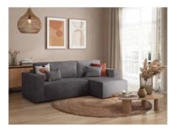 CLARISSE - Canapé D'angle Convertible Réversible Avec Coffre En Velours Côtelé - Gris Anthracite -Deco.fr Soldes Boutique canape 20127795