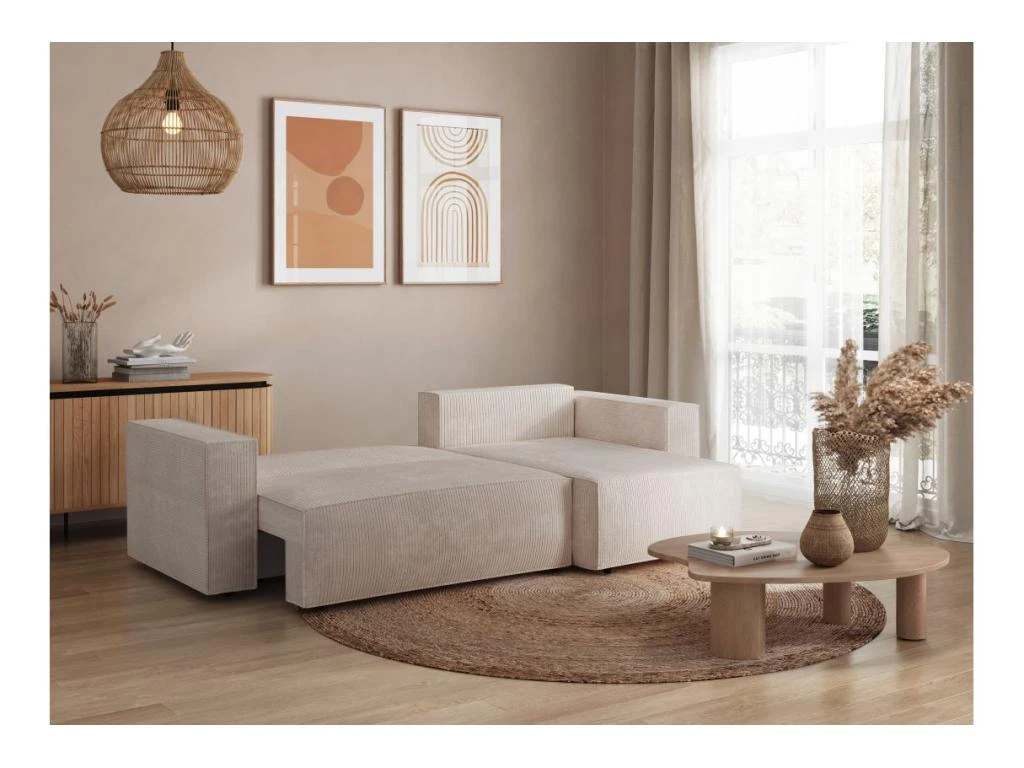 CLARISSE - Canapé D'angle Convertible Réversible Avec Coffre En Velours Côtelé - Beige 2 CLARISSE - Canapé D'angle Convertible Réversible Avec Coffre En Velours Côtelé - Beige – Image 2