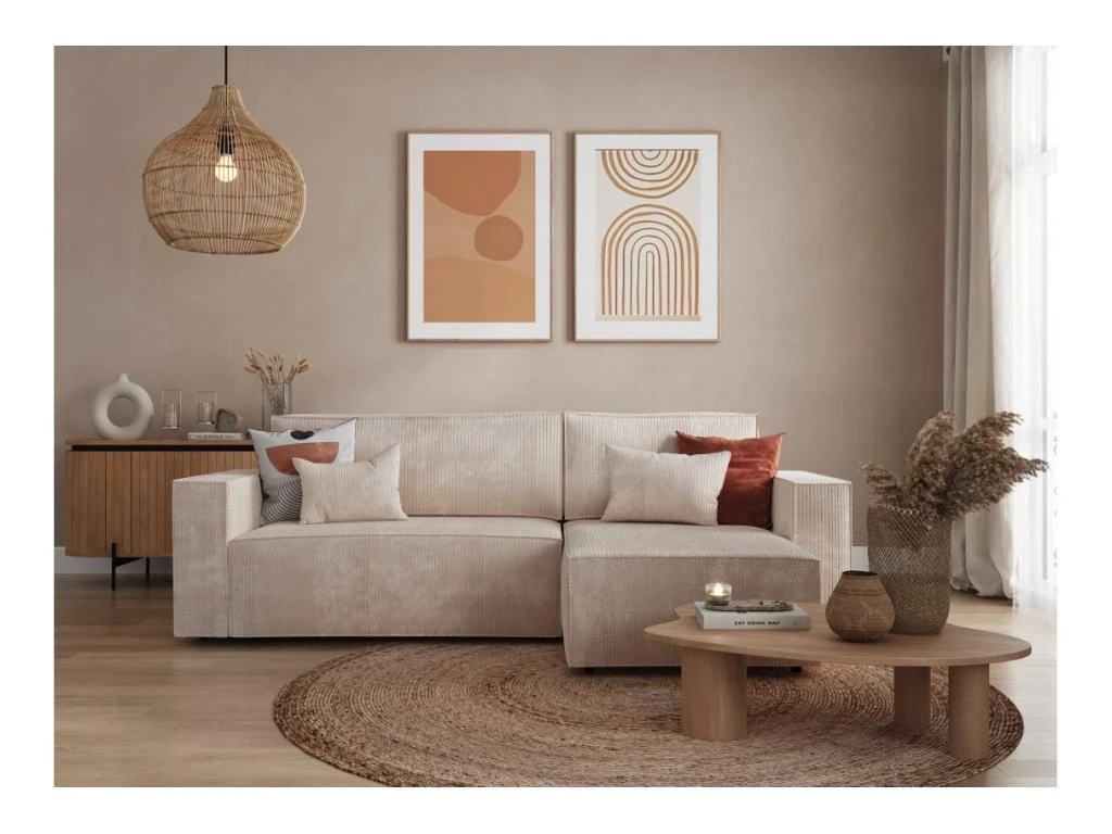 CLARISSE - Canapé D'angle Convertible Réversible Avec Coffre En Velours Côtelé - Beige 4 CLARISSE - Canapé D'angle Convertible Réversible Avec Coffre En Velours Côtelé - Beige – Image 4