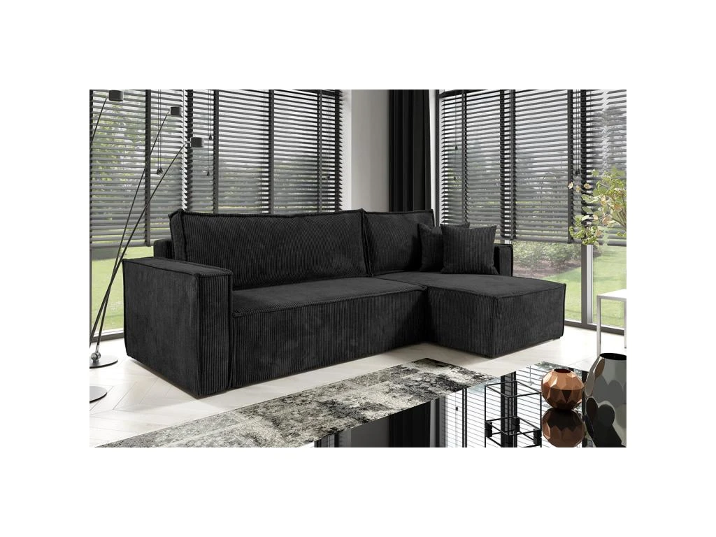 Canapé D'angle Réversible Convertible 3 Places Ezekiel Velours Côtelé Noir 2 Canapé D'angle Réversible Convertible 3 Places Ezekiel Velours Côtelé Noir – Image 2