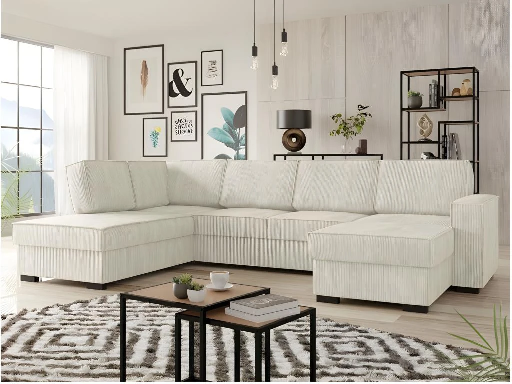 Canapé Panoramique Convertible BERY En Velours Côtelé Beige 1 Canapé Panoramique Convertible BERY En Velours Côtelé Beige