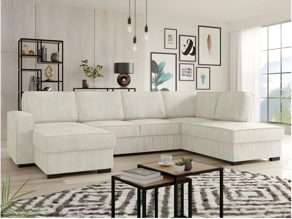 Canapé Panoramique Convertible BERY En Velours Côtelé Beige 2 Canapé Panoramique Convertible BERY En Velours Côtelé Beige – Image 2