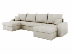 Canapé D'angle Panoramique Convertible KRISTOFER En Velours Côtelé Beige