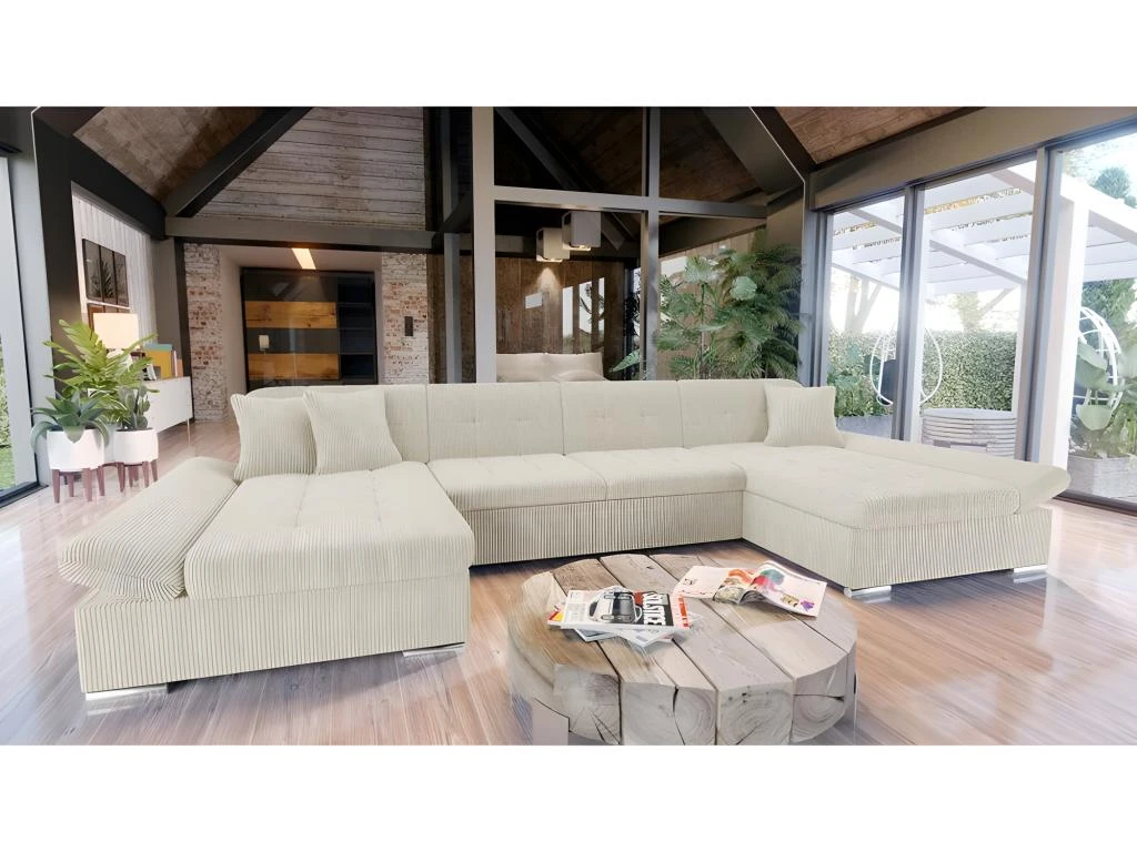 Canapé D'angle Convertible ALON Velours Côtelé Beige 1 Canapé D'angle Convertible ALON Velours Côtelé Beige