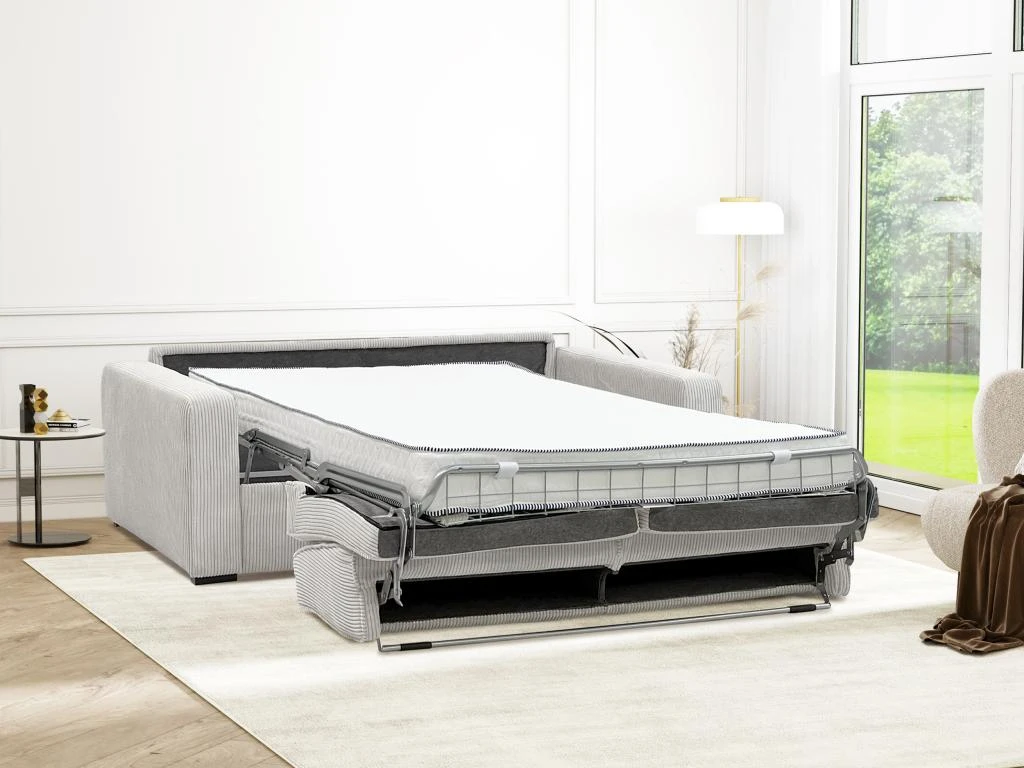 Canapé 4 Places Convertible Express En Velours Côtelé Beige - Couchage 160 Cm - Matelas 18 Cm - MONDOVI 4 Canapé 4 Places Convertible Express En Velours Côtelé Beige - Couchage 160 Cm - Matelas 18 Cm - MONDOVI – Image 4