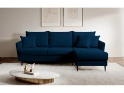 Canapé D'angle - 223 Cm - Avec Fonction Couchage - Velours Hydrophobe - Bleu Marin - Pieds Noirs - VOLIO
