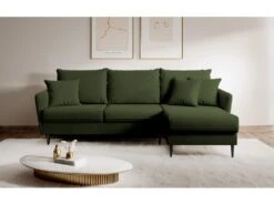 Canapé D'angle - 223 Cm - Avec Fonction Couchage - Velours Hydrophobe - Olive - Pieds Noirs - VOLIO