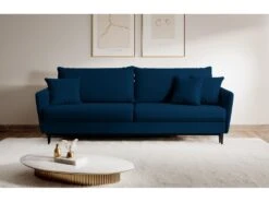 Canapé - 221 Cm - Trois Places Velours Hydrophobe - Bleu Marin - Pieds Noirs - VOLIO