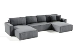 Canapé D'angle Panoramique Convertible VELLA En Velours Côtelé Gris Foncé