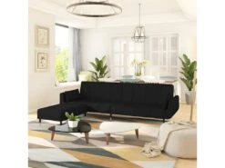 Canapé-lit 2 Places Et Tabouret Deux Oreillers Noir Velours