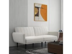 Canapé Convertible 3 Places Design Contemporain Dossier Inclinable Modulable Bois Hévéa Noir Tissu Blanc Cassé