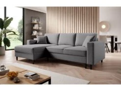 Canapé D'angle - 230 Cm - En L Avec Un Coffre De Rangement - Velours Hydrophobe - Gris - Côté Gauche - NALIKA