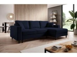 Canapé D'angle - 230 Cm - En L Avec Un Coffre De Rangement - Velours Hydrophobe - Bleu Marin - Côté Droit - NALIKA