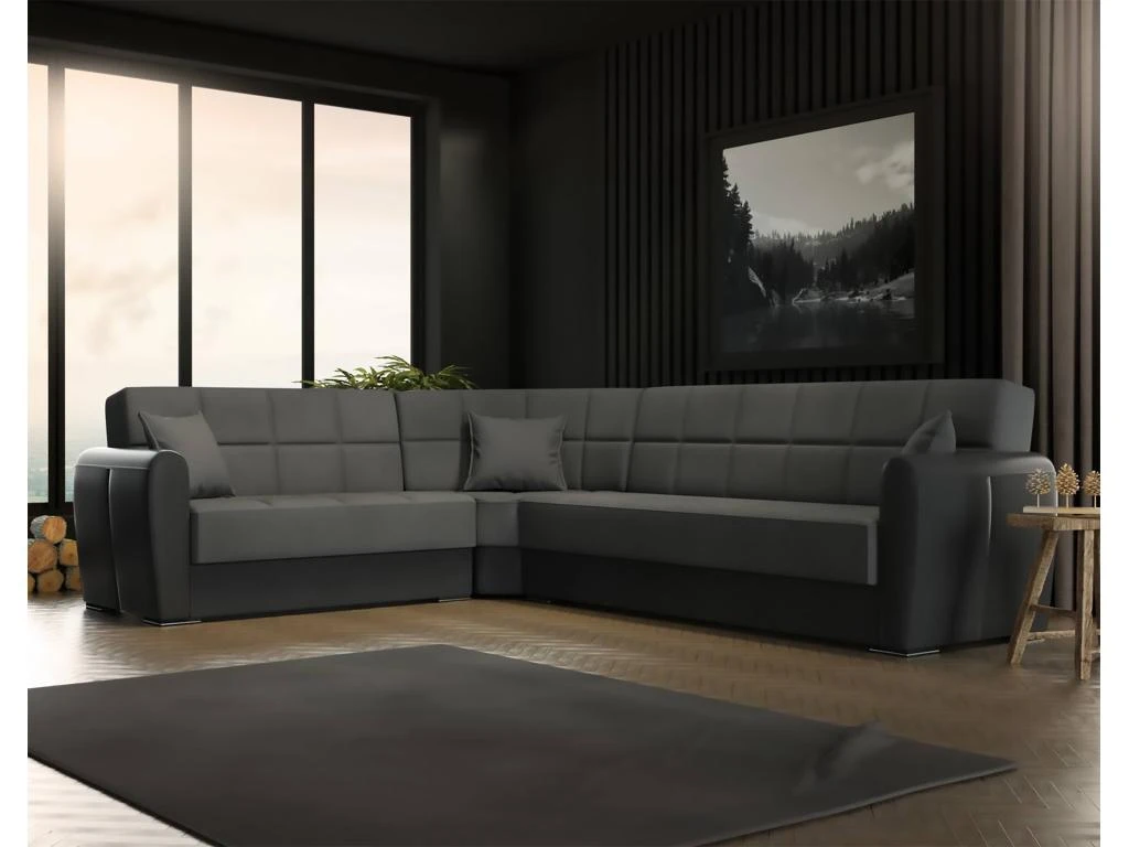 Canapé Dgytkjæ, Canapé D'angle Avec Rangement En éco-cuir Et Tissu, Canapé De Salon Avec Ouverture Clic-clac Et Péninsule Réversible, 305x238h91 Cm, Noir Et Gris Foncé 2 Canapé Dgytkjæ, Canapé D'angle Avec Rangement En éco-cuir Et Tissu, Canapé De Salon Avec Ouverture Clic-clac Et Péninsule Réversible, 305x238h91 Cm, Noir Et Gris Foncé – Image 2