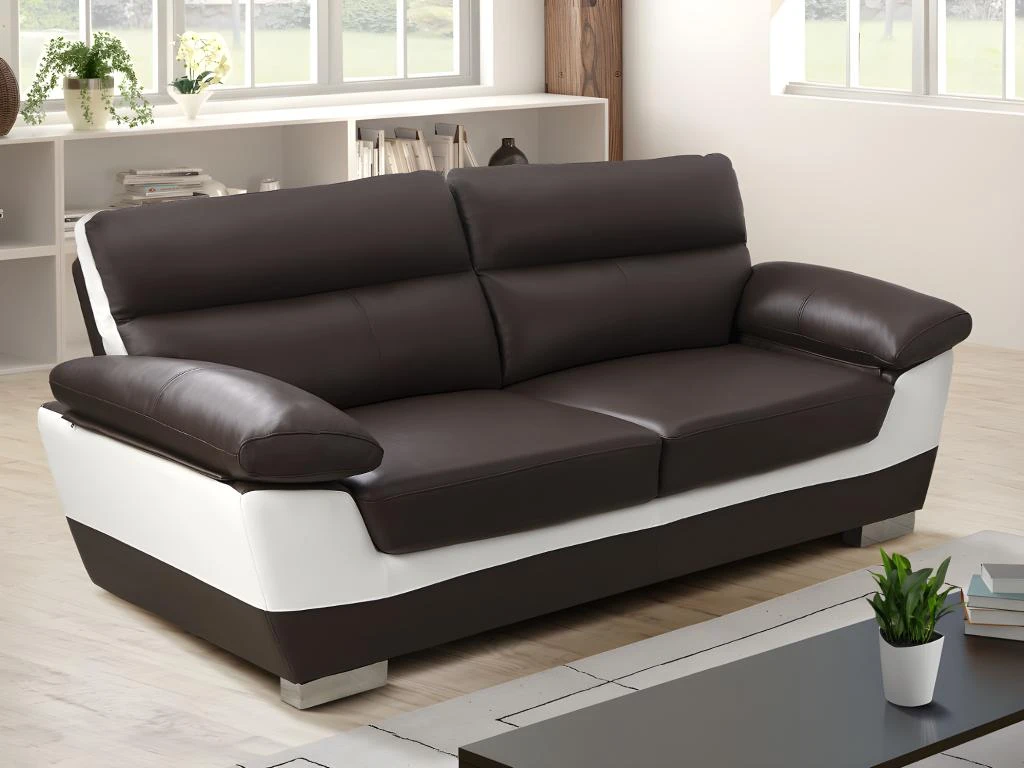 Canapé 3 Places En Cuir FRANCESCA - Bicolore Marron Et Ivoire 1 Canapé 3 Places En Cuir FRANCESCA - Bicolore Marron Et Ivoire