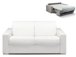 Canapé 2 Places Convertible Express En Simili CALITO - Blanc - Couchage Lattes Larges 120 Cm - Matelas 18 Cm