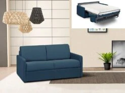 Canapé 2 Places Convertible Express En Tissu CALIFE - Bleu Foncé - Couchage 120 Cm - Matelas 18 Cm