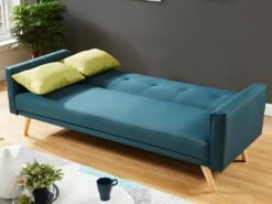 Canapé 3 Places Convertible En Tissu DARVEL - Bleu Canard Et Coussins Vert Pomme -Deco.fr Soldes Boutique canape 310805