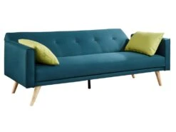 Canapé 3 Places Convertible En Tissu DARVEL - Bleu Canard Et Coussins Vert Pomme -Deco.fr Soldes Boutique canape 310809