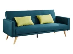 Canapé 3 Places Convertible En Tissu DARVEL - Bleu Canard Et Coussins Vert Pomme -Deco.fr Soldes Boutique canape 310813