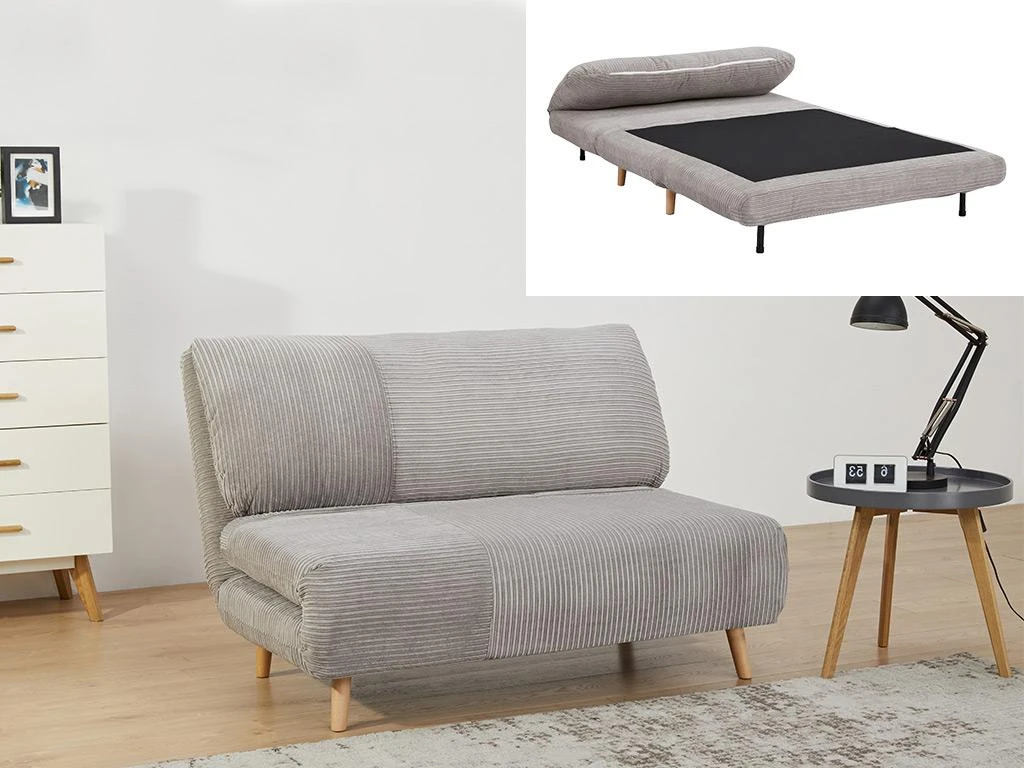 Canapé 2 Places Convertible En Velours Côtelé PALULA - Gris Clair 2 Canapé 2 Places Convertible En Velours Côtelé PALULA - Gris Clair – Image 2