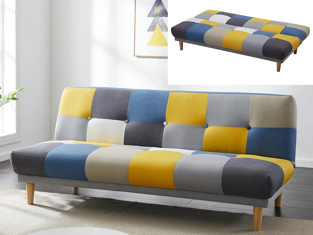 Canapé 3 Places Convertible Clic-clac En Tissu MARDAG - Patchwork Gris, Bleu, Jaune 2 Canapé 3 Places Convertible Clic-clac En Tissu MARDAG - Patchwork Gris, Bleu, Jaune – Image 2