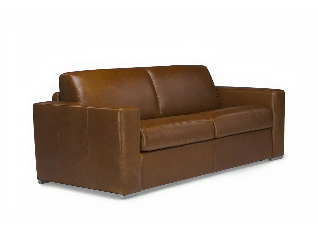 Canapé 3 Places Convertible Express 100% Cuir De Buffle Vintage Caramel Matelas 14cm DELECTEA II 2 Canapé 3 Places Convertible Express 100% Cuir De Buffle Vintage Caramel Matelas 14cm DELECTEA II – Image 2