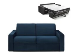 Canapé 3 Places Convertible Express En Velours CALITO - Bleu Nuit - Couchage 140 Cm - Matelas 14 Cm Avec Mémoire De Forme DUNLOPILLO