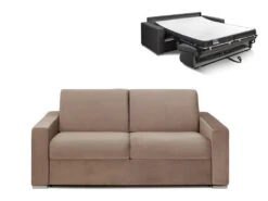 Canapé 2 Places Convertible Express En Velours CALITO - Beige - Couchage Lattes Larges 120 Cm - Matelas 14 Cm Avec Mémoire De Forme DUNLOPILLO
