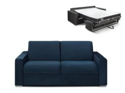 Canapé 2 Places Convertible Express En Velours CALITO - Bleu Nuit - Couchage Lattes Larges 120 Cm - Matelas 16 Cm Avec Mousse à Mémoire De Forme DUNLOPILLO