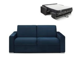 Canapé 2 Places Convertible Express En Velours CALITO - Bleu Nuit - Couchage Lattes Larges 120 Cm - Matelas 22 Cm Avec Mémoire De Forme DUNLOPILLO
