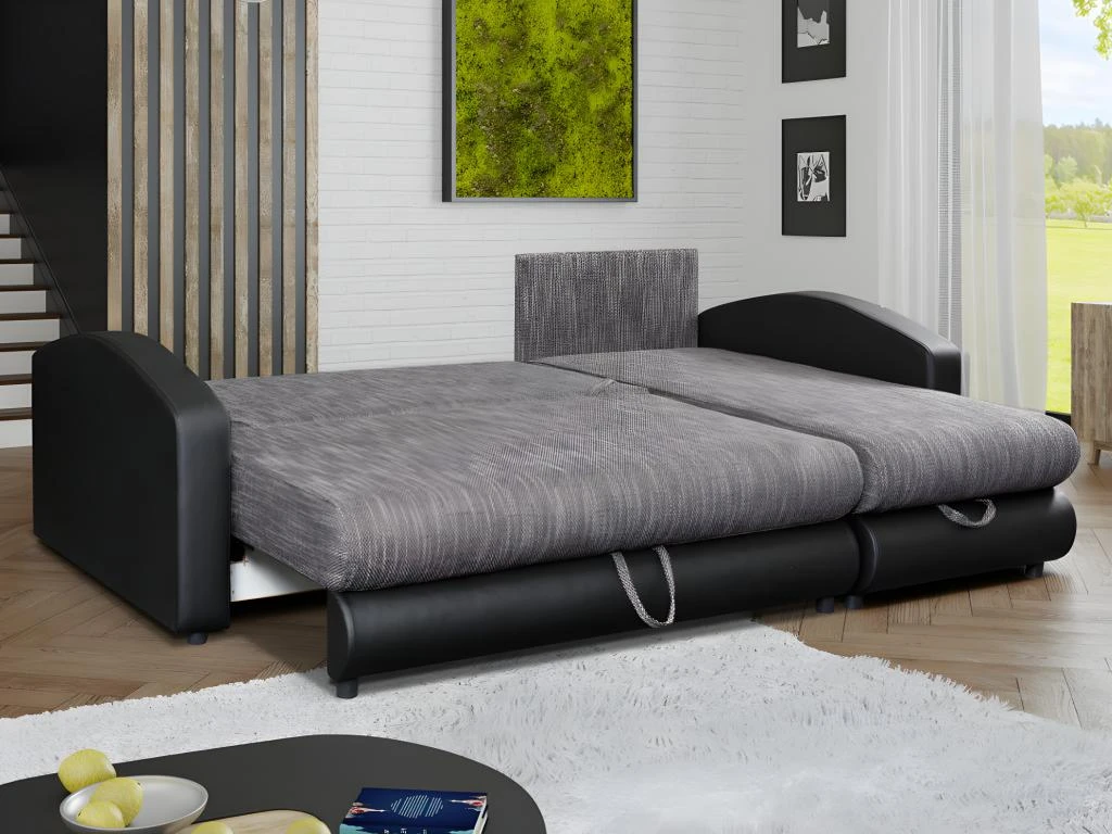Canapé D'angle Convertible Et Réversible En Simili Et Tissu PIANA - Gris Chiné Et Noir 6 Canapé D'angle Convertible Et Réversible En Simili Et Tissu PIANA - Gris Chiné Et Noir – Image 6