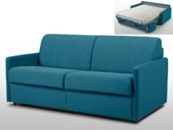 Canapé 3 Places Convertible Express En Tissu CALIFE - Turquoise - Couchage à Lattes Larges 140 Cm - Matelas 14 Cm